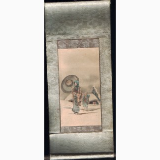 Старинная японская миниатюрная акварель размером 8, 5х6, 5 см. XIXв