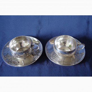 Две великолепные чайно-кофейные пары из серебра 950 пробы в стиле Ар-Нуво. Франция, XIXв