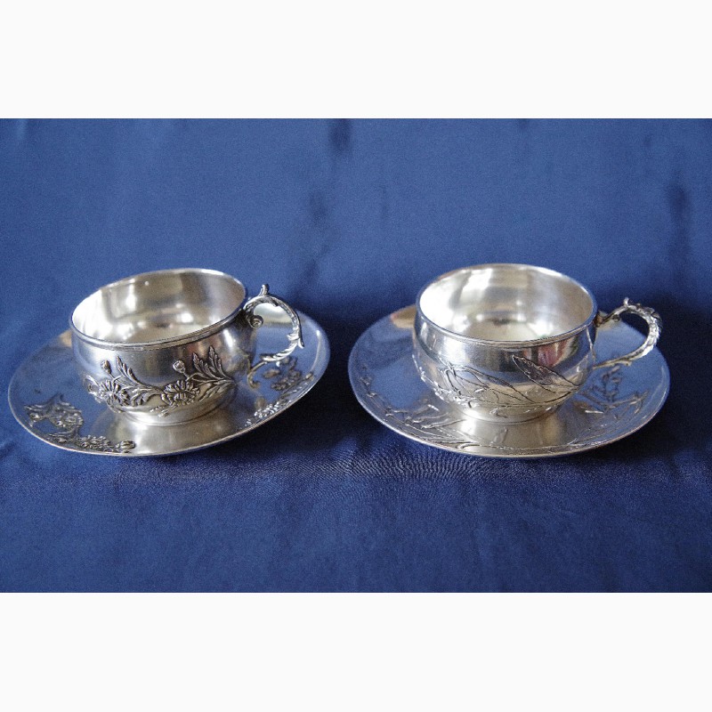 Фото 3. Две великолепные чайно-кофейные пары из серебра 950 пробы в стиле Ар-Нуво. Франция, XIXв