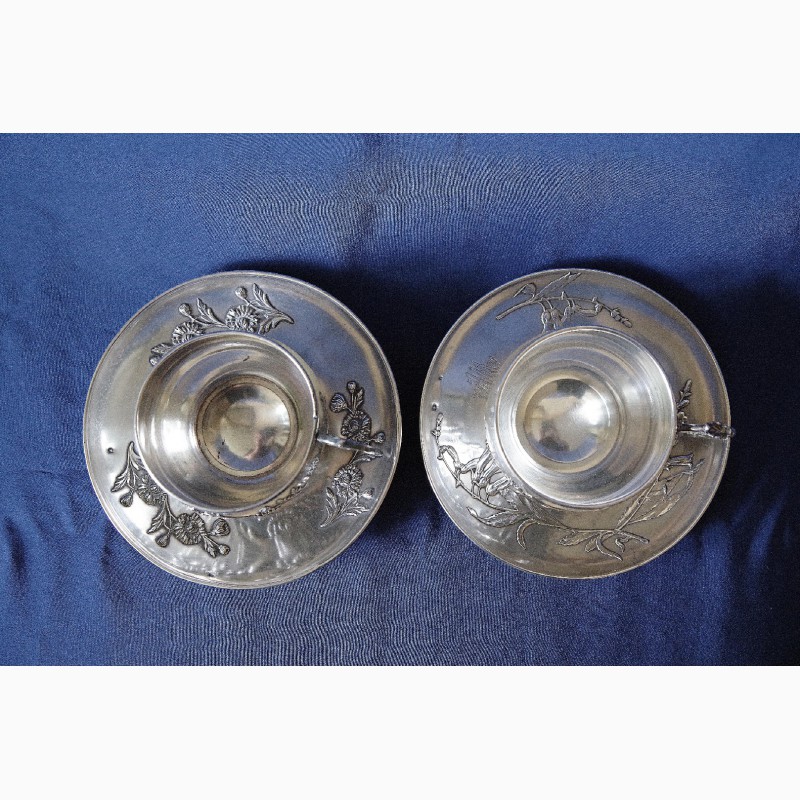 Фото 4. Две великолепные чайно-кофейные пары из серебра 950 пробы в стиле Ар-Нуво. Франция, XIXв