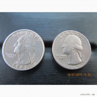 Продам две монеты Quarter Dollar, Liberty 1965 и 1993 год, в хорошем состоянии