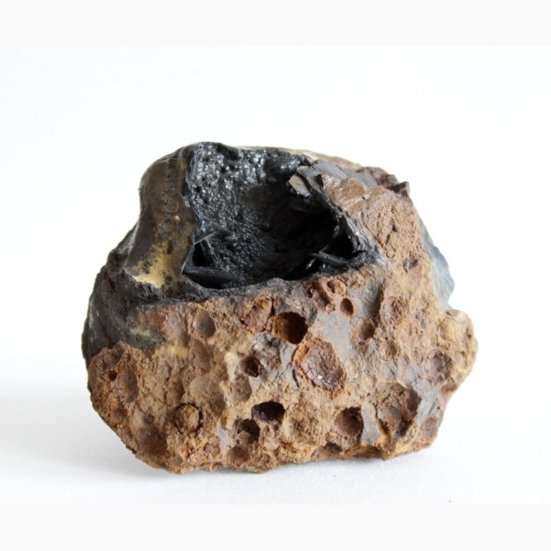 Фото 5. Кристаллы вивианита, псиломелан в полости ископаемой раковины в железной руде