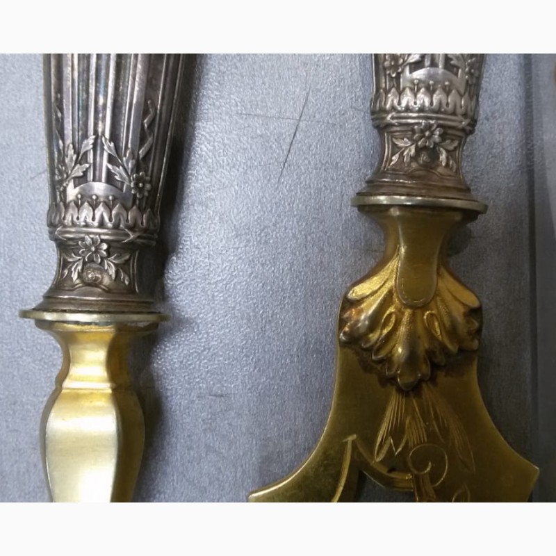 Фото 4. Столовый набор серебряные лопатка и вилка, Франция, серебро голова Минервы, золочение