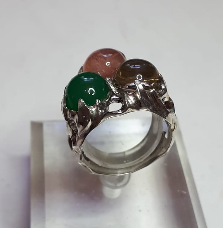 Фото 2. Серебряный перстень Огонь, серебро 925 проба, камни зеленый хризопраз, розовый кварц, цитрин