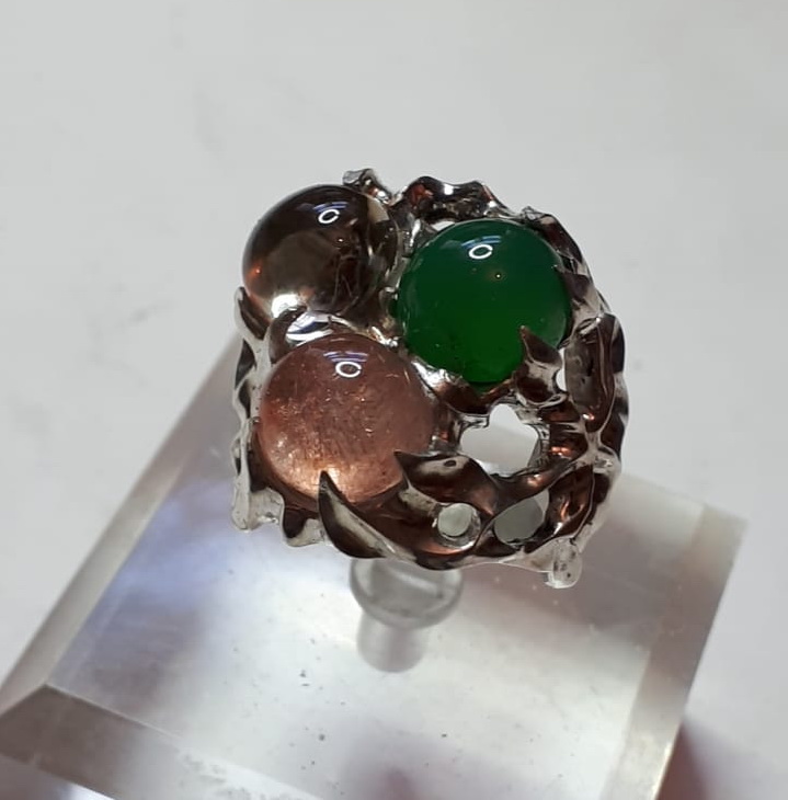 Фото 3. Серебряный перстень Огонь, серебро 925 проба, камни зеленый хризопраз, розовый кварц, цитрин
