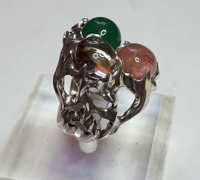 Фото 5. Серебряный перстень Огонь, серебро 925 проба, камни зеленый хризопраз, розовый кварц, цитрин