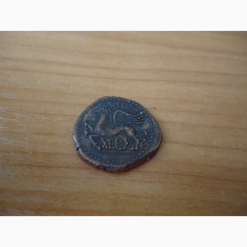 Фото 5. Древний Херсонес, реплика античной монеты, дева с луком и грифон