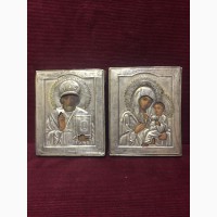 Парные иконы Тихвинская Пр.Богородица и Св.Николай Чудотворец Оклады серебро 84 пробы