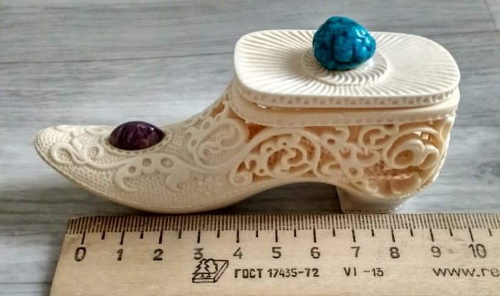 Фото 3. Шкатулка-туфелька, для ювелирных изделий, из бивня мамонта, резьба по бивню мамонта