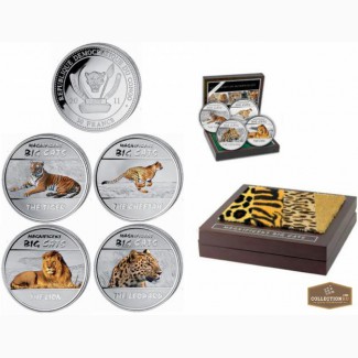 Красивый набор из 4 монет с изображением больших кошек Африки