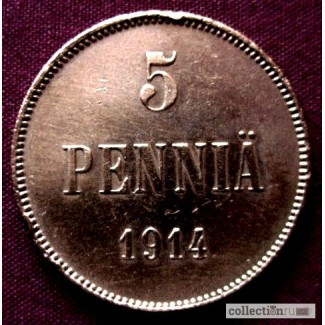 Редкая, медная монета 5 пенни 1914 год