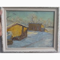 Картина Домик зимой в деревне, НХ, 1930е годы, двп, масло