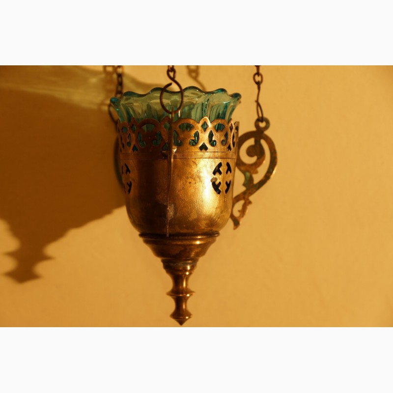 Фото 3. Старинная подвесная лампада из латунного сплава со стаканом. Россия, кон. XIX века