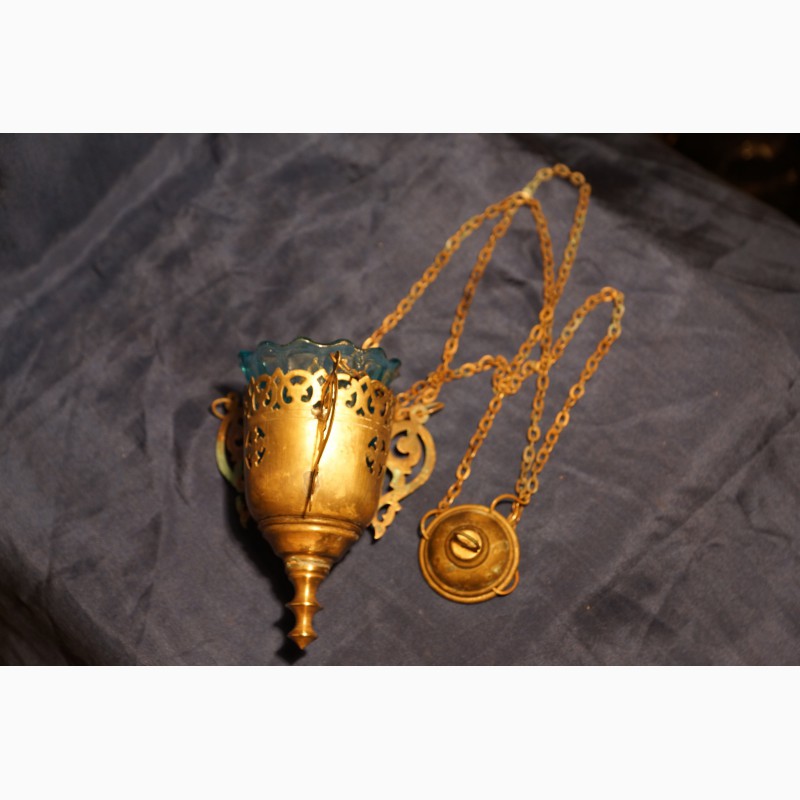 Фото 4. Старинная подвесная лампада из латунного сплава со стаканом. Россия, кон. XIX века