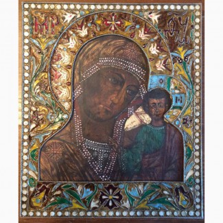 Икона Казанской Божьей Матери, шикарный оклад, клейма, эмали! Редкость