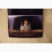 Старинная расписная лаковая шкатулка с изображением храма Христа Спасителя. Россия, XIX в